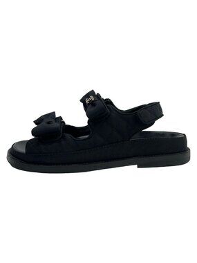 Chanel Sandals Black Gold Rhinestone Ribbon